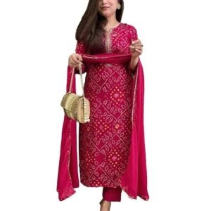 GoSriKi Women's Rayon Viscose Straight Bandhej Printed Kurta with Pant & Dupatta