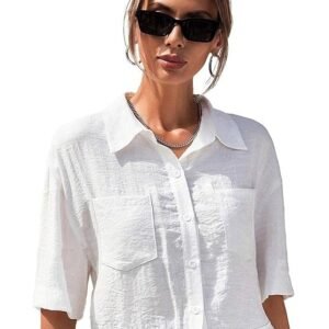 TOPLOT V-Collar Solid Crop Shirt for Women with Half Sleeves