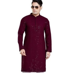 Men's Sequince Embroidered Cotton Blend Only Slim Fit Kurta