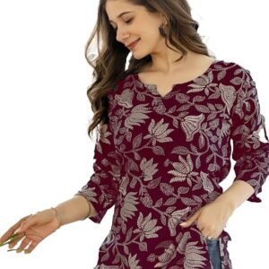 Women Floral Printed Rayon Short Kurta || Short Kurti For Women (Black)