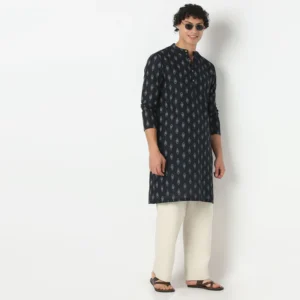 Mandarin Collar Three Fourth Sleeve Straight Fit Printed Long Kurta